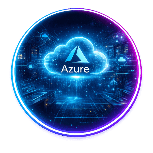 Logotipo de Microsoft Azure con nube digital y servidores en fondo tecnológico