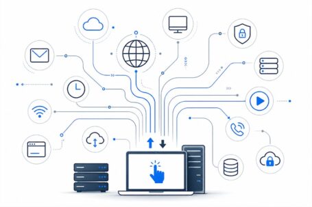 Diagrama con laptop, servidores y múltiples íconos conectados que representan componentes de infraestructura IT Diagrama con laptop, servidores y múltiples íconos conectados que representan componentes de infraestructura IT