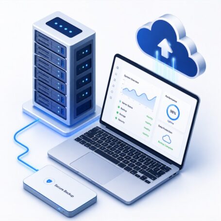 Portátil conectado a servidores y almacenamiento para respaldo seguro en la nube. Portátil conectado a servidores y almacenamiento para respaldo seguro en la nube.