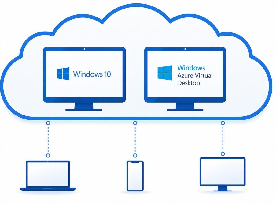 Diagrama que muestra dos monitores dentro de una nube representando Windows 10 y Windows Azure Virtual Desktop conectados a 3 Diagrama que muestra dos monitores dentro de una nube representando Windows 10 y Windows Azure Virtual Desktop conectados a 3